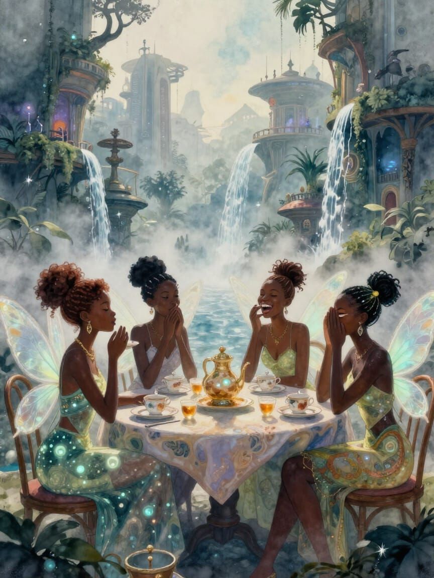African American Fairies Gossip in Futuristic West African C...