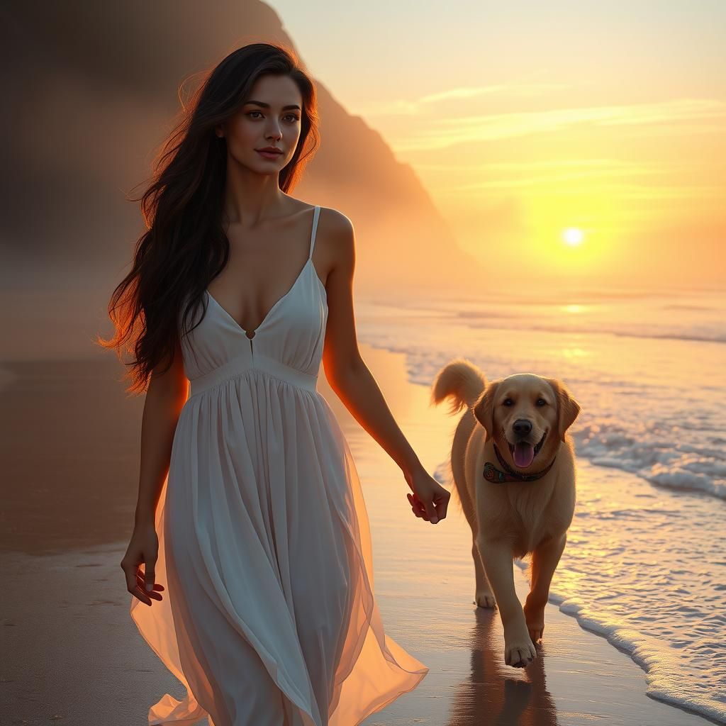 Woman and Dog on Misty Beach, Dreamlike Art
