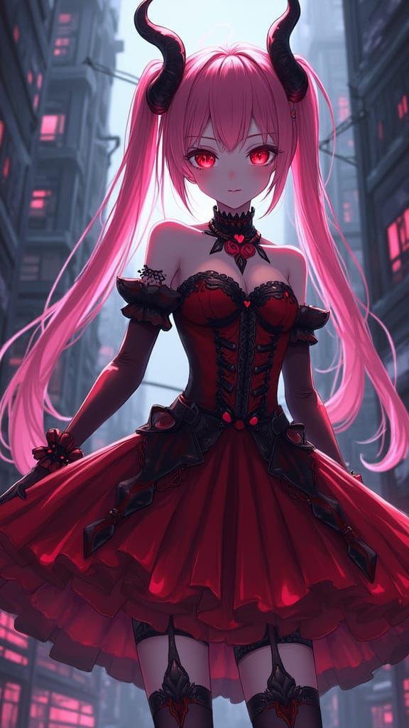 Cyberpunk Oni-Girl in Gothic Dress