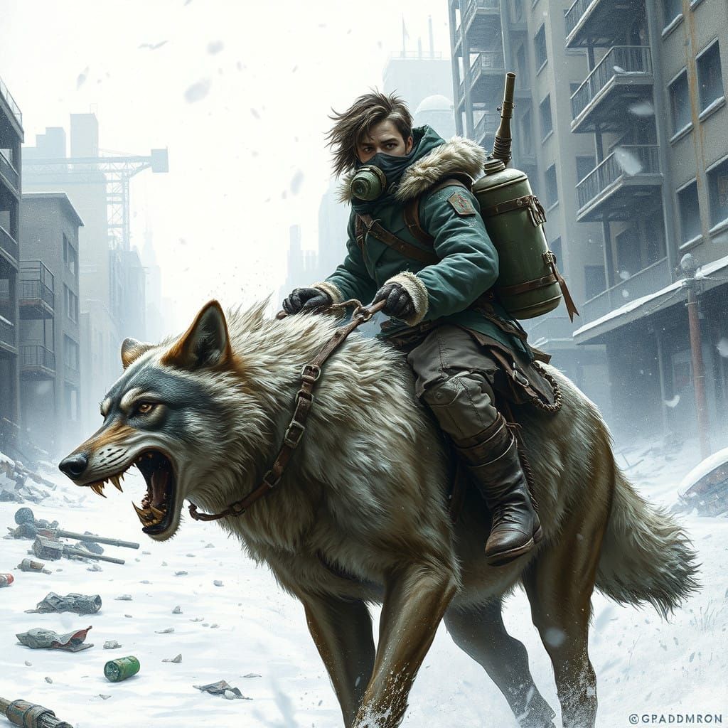 Young Survivor Rides Fierce Wolf Through Frozen Post-Apocaly...