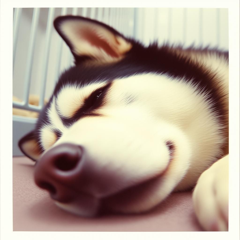 Sleeping Siberian Husky in Polaroid Style