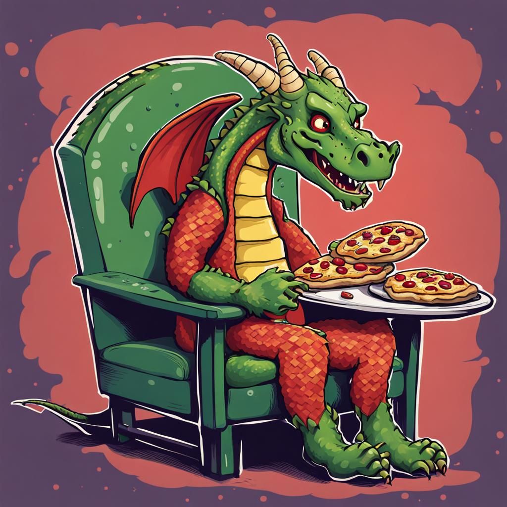 Dragon Eats Pizza in Chair: Whimsical Scene
