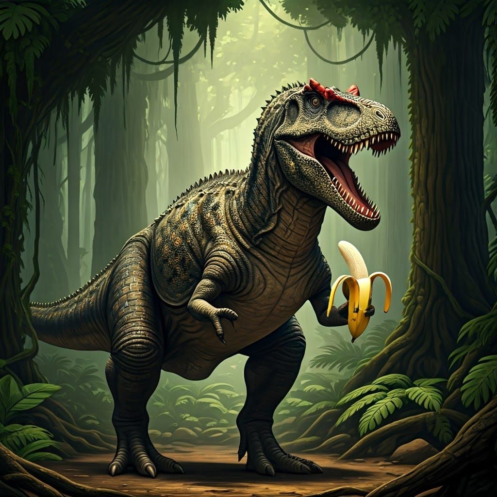 Gigantosaurus Peeling Banana in Jungle, Realistic Detail