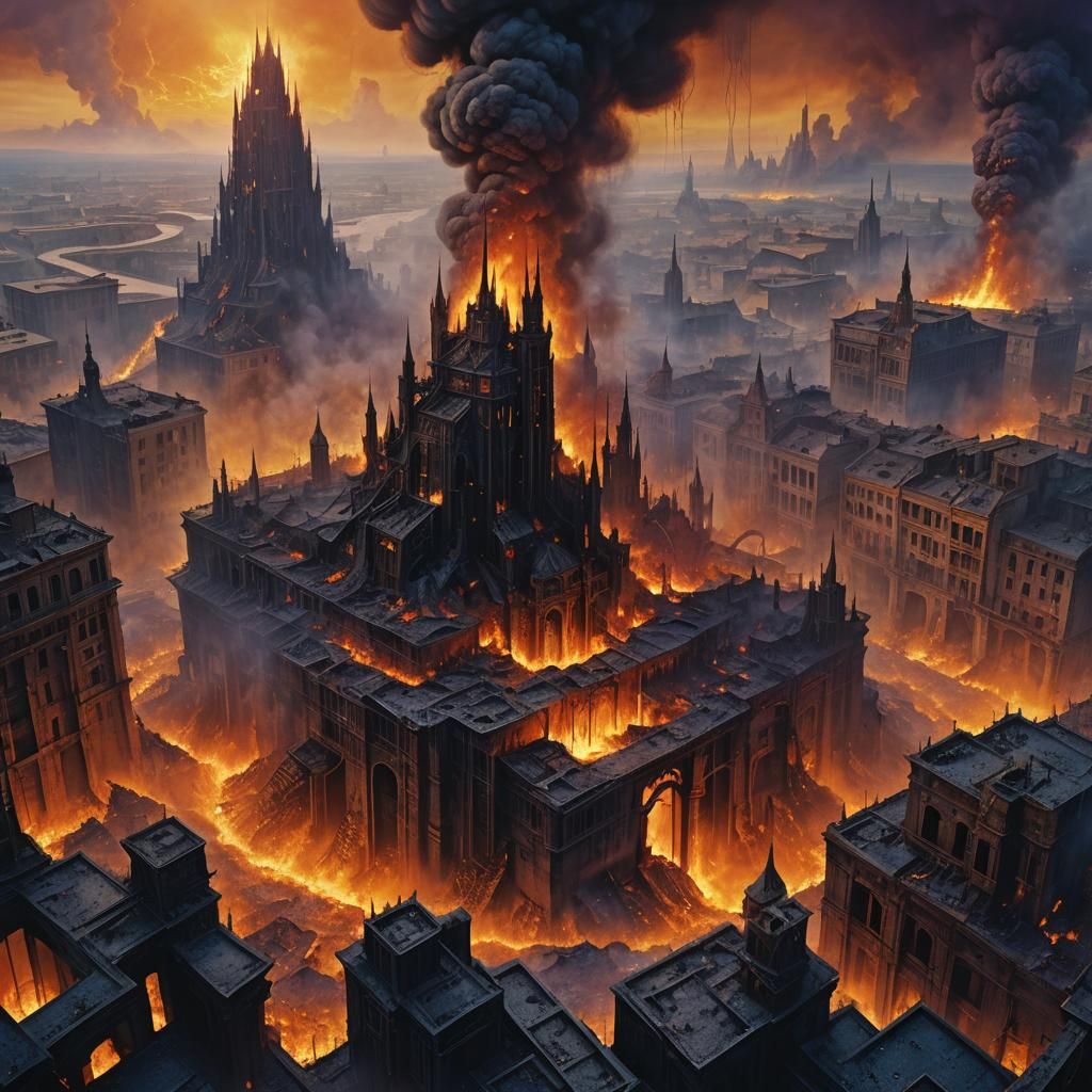 Apocalyptic Cityscape on Fire: A Dystopian Matte Painting
