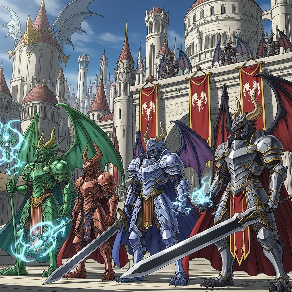 Dragonfolk Sorcerers in Opulent City, Manga Style