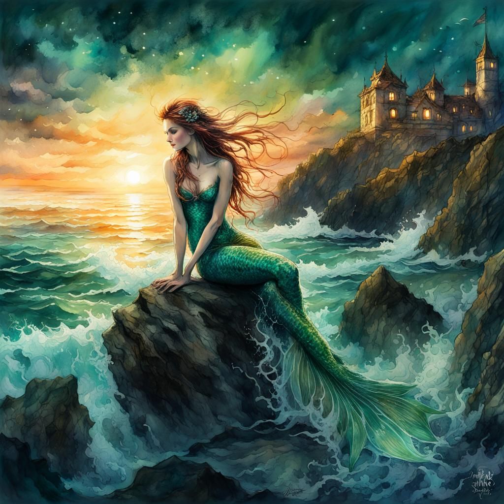 Stunning Mermaid on Wild Sea: Watercolor Art