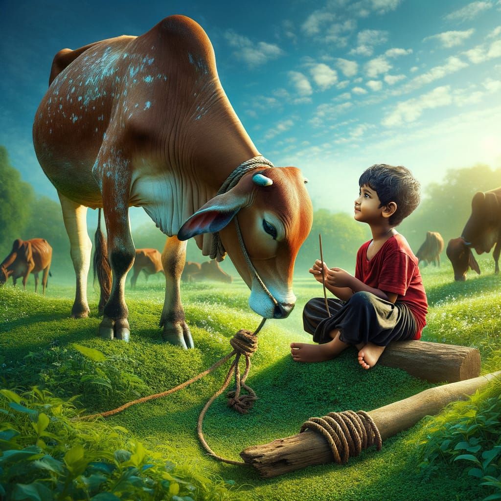 Bengali Boy with Cow in Dreamlike Matte Painting