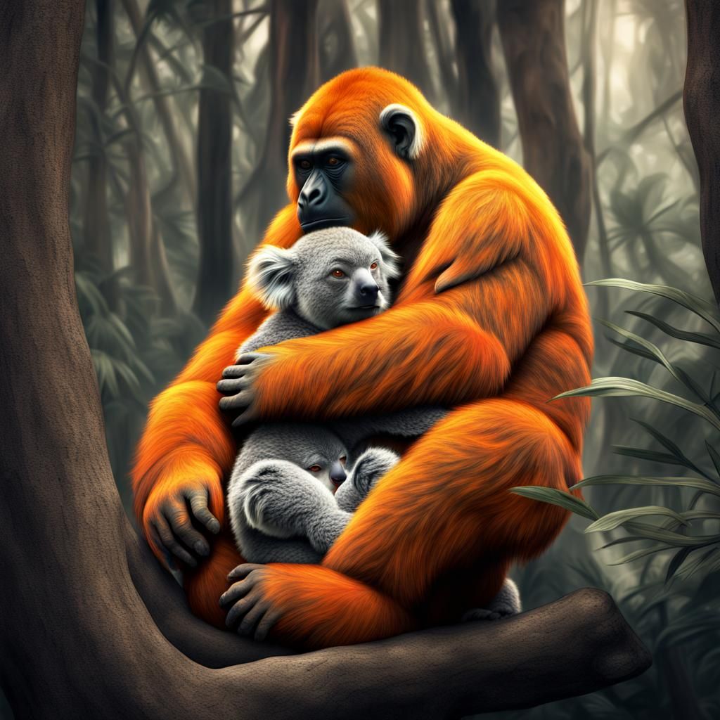 Orange Gorilla Hugging Koala in Hyperrealistic Style
