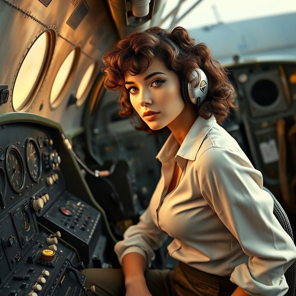 Radio Operator in Retro-Futuristic Boeing B-29 Bomber Interi...