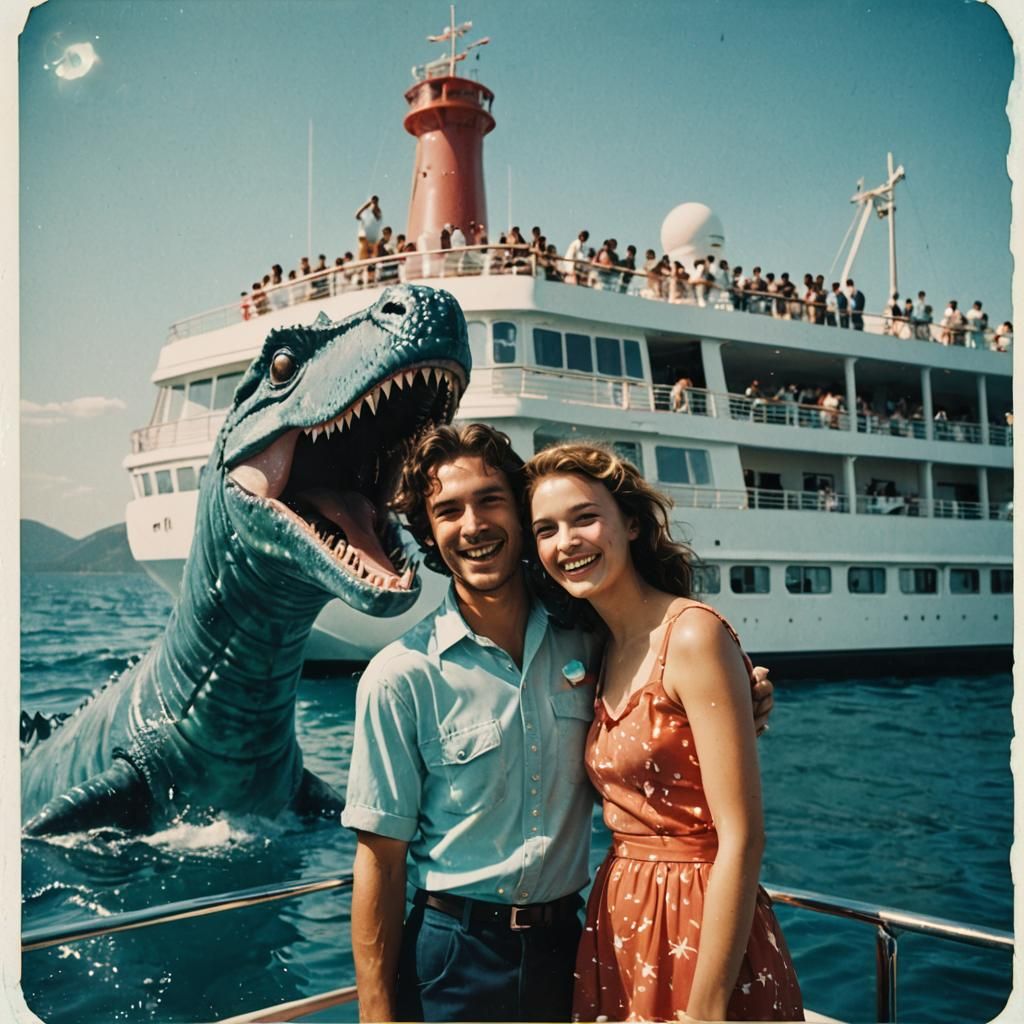 Retro Polaroid: Couple with Plesiosaur on Cruise
