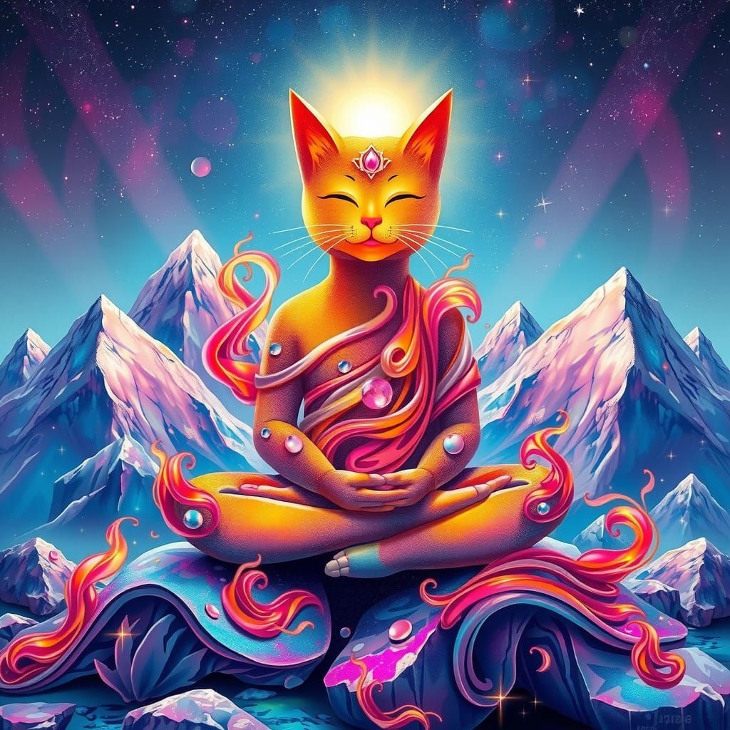 Surreal Cosmic Buddha Cat Meditates Amids Glowing Iridescent...