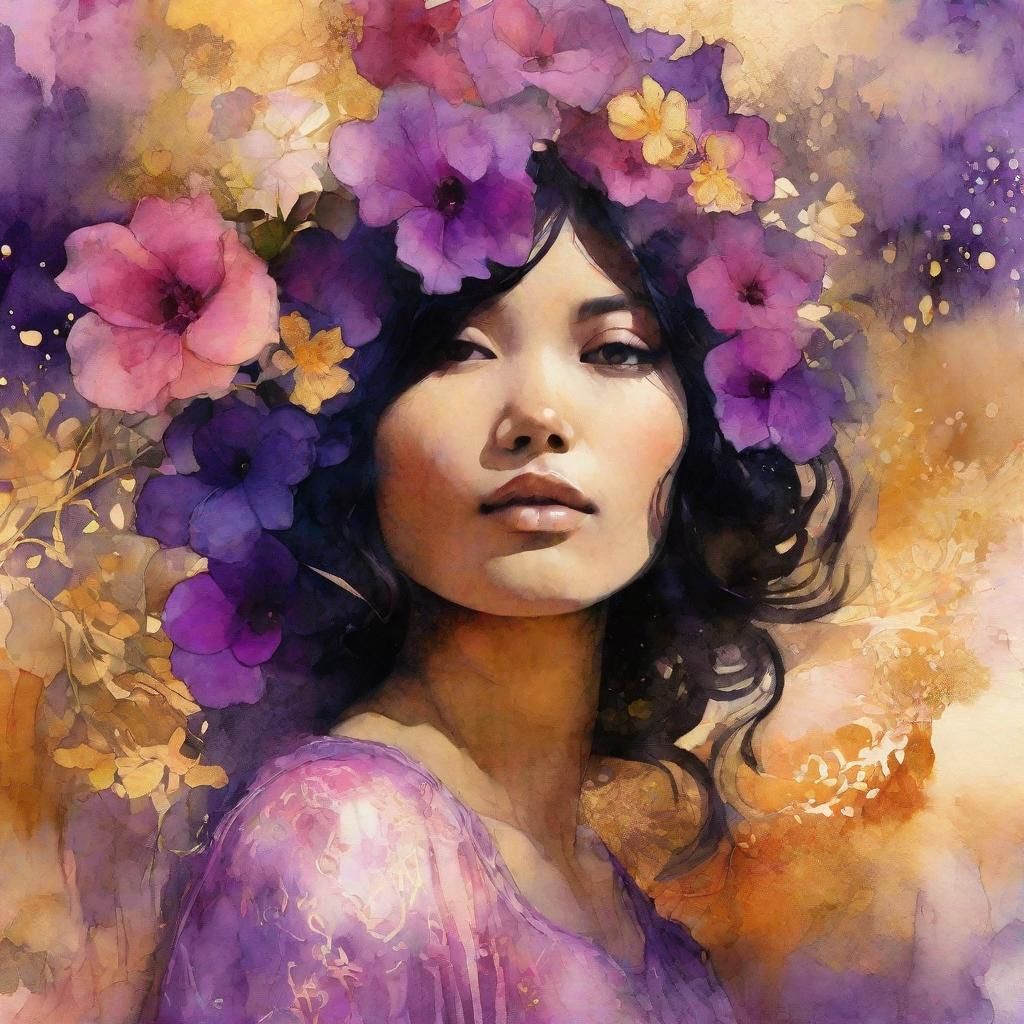 Layered Watercolor Illustration of Woman in Countryside