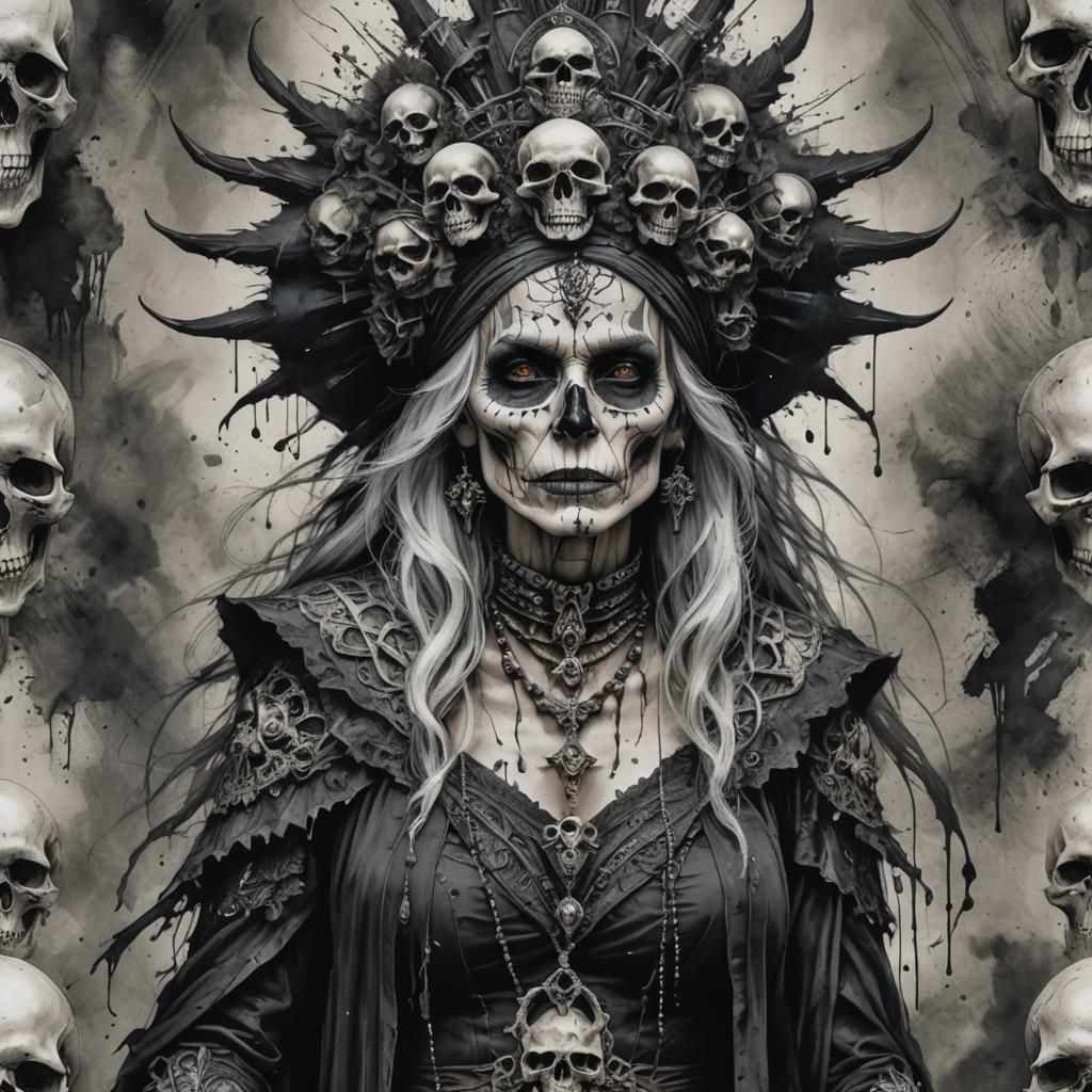 Gothic Witch Portrait in Charcoal Drawing Style