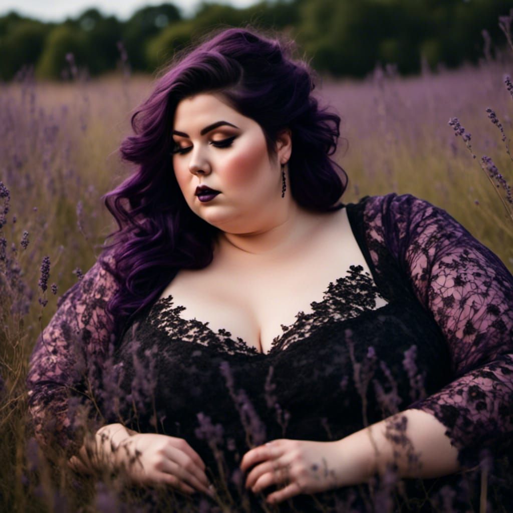 Curvy Woman in Gothic Style Relaxing in Lavender Field