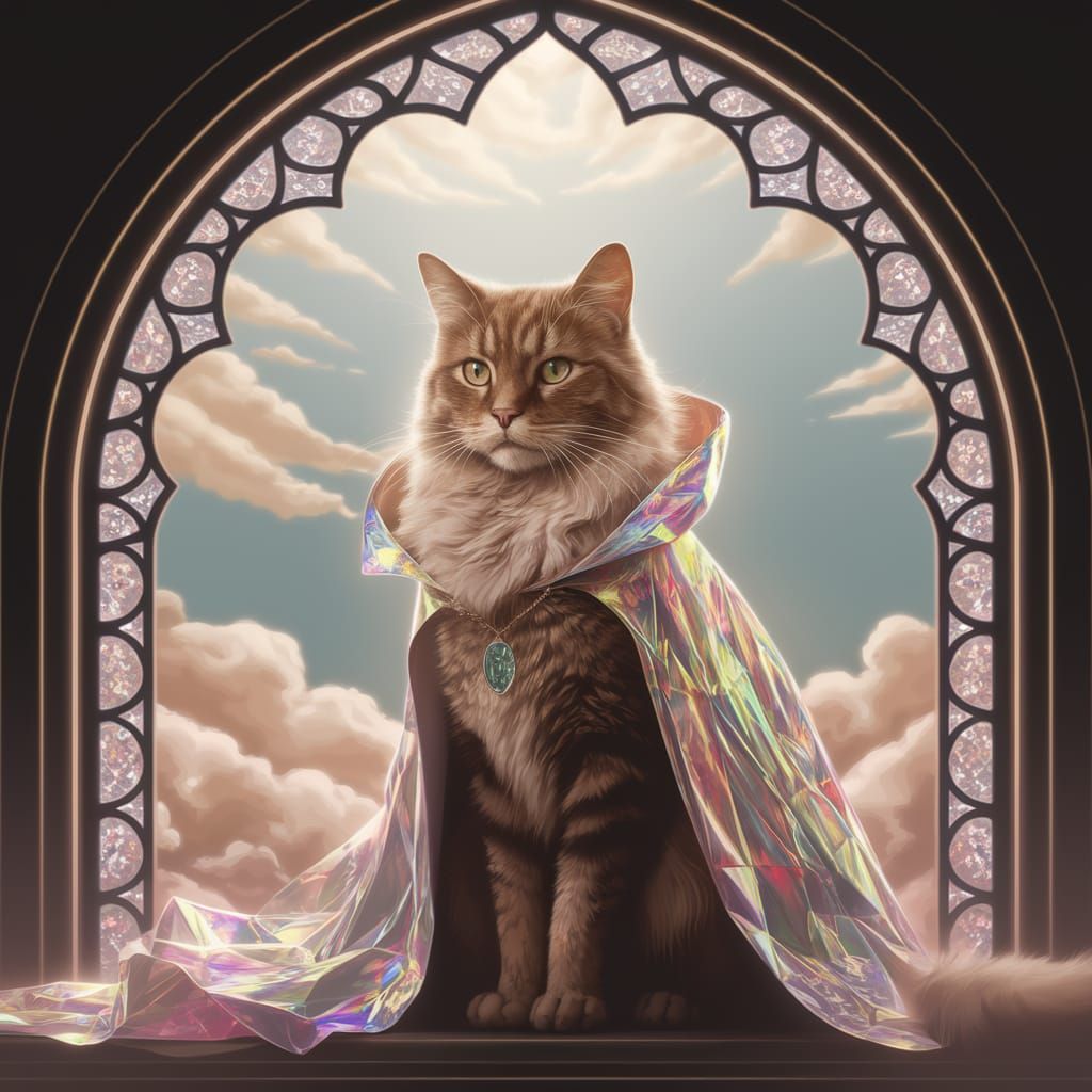 Majestic Brown Cat in Vibrant Plaid Cloak, Set Against Stain...