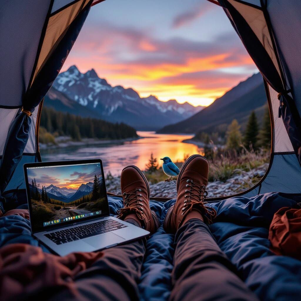 Laptop on Woman's Legs in Tent at Sunset