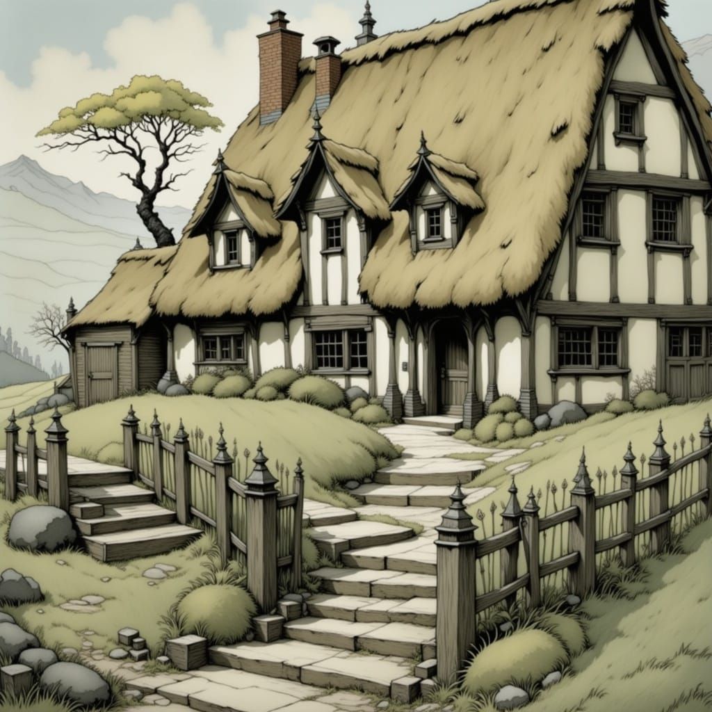 Charming Cottage Line Art in Vintage Style