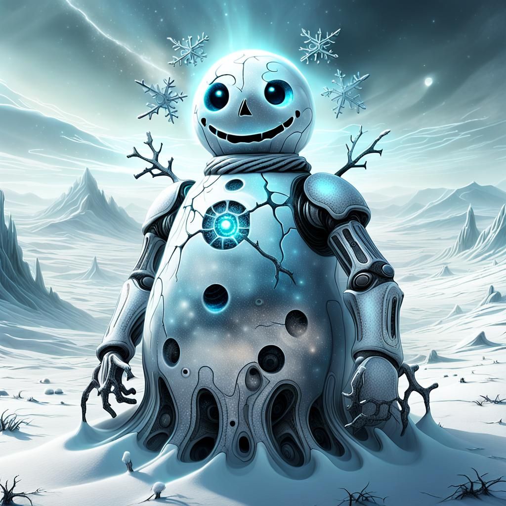 Alien Snowman in Surreal Icy Landscape: Digital Art