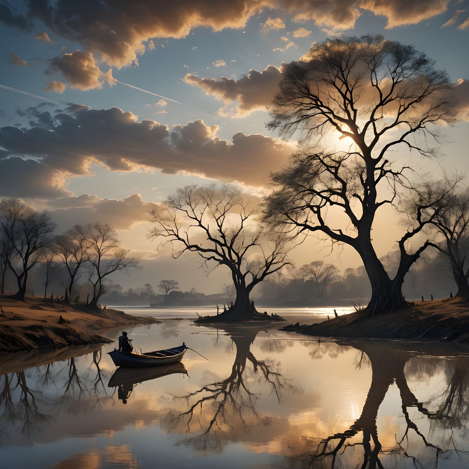 Ethereal River Landscape with Fishing Boat