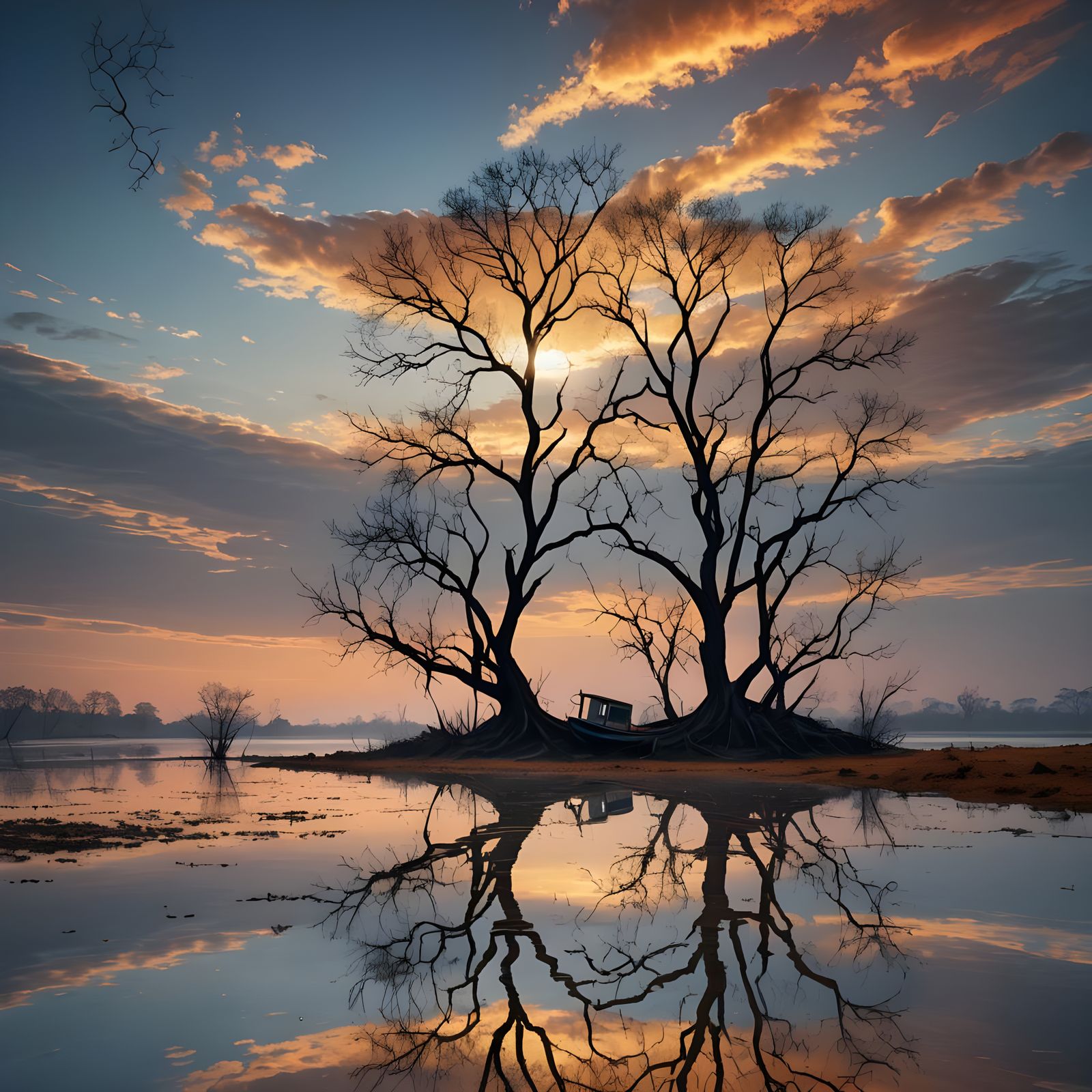 Orinoco River Reflection: Leafless Trees in Sunlight
