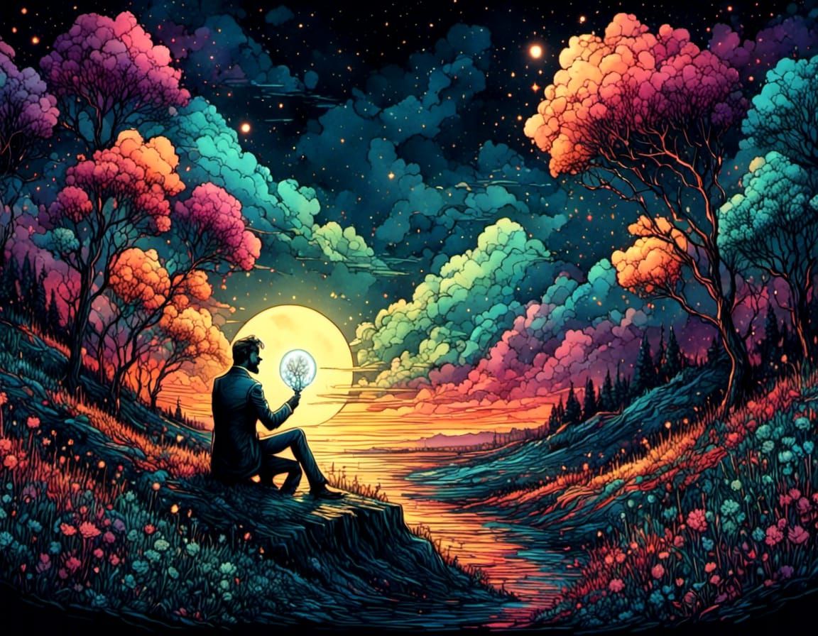 Self-Awareness Nightmare in Neon Digital Ink Style