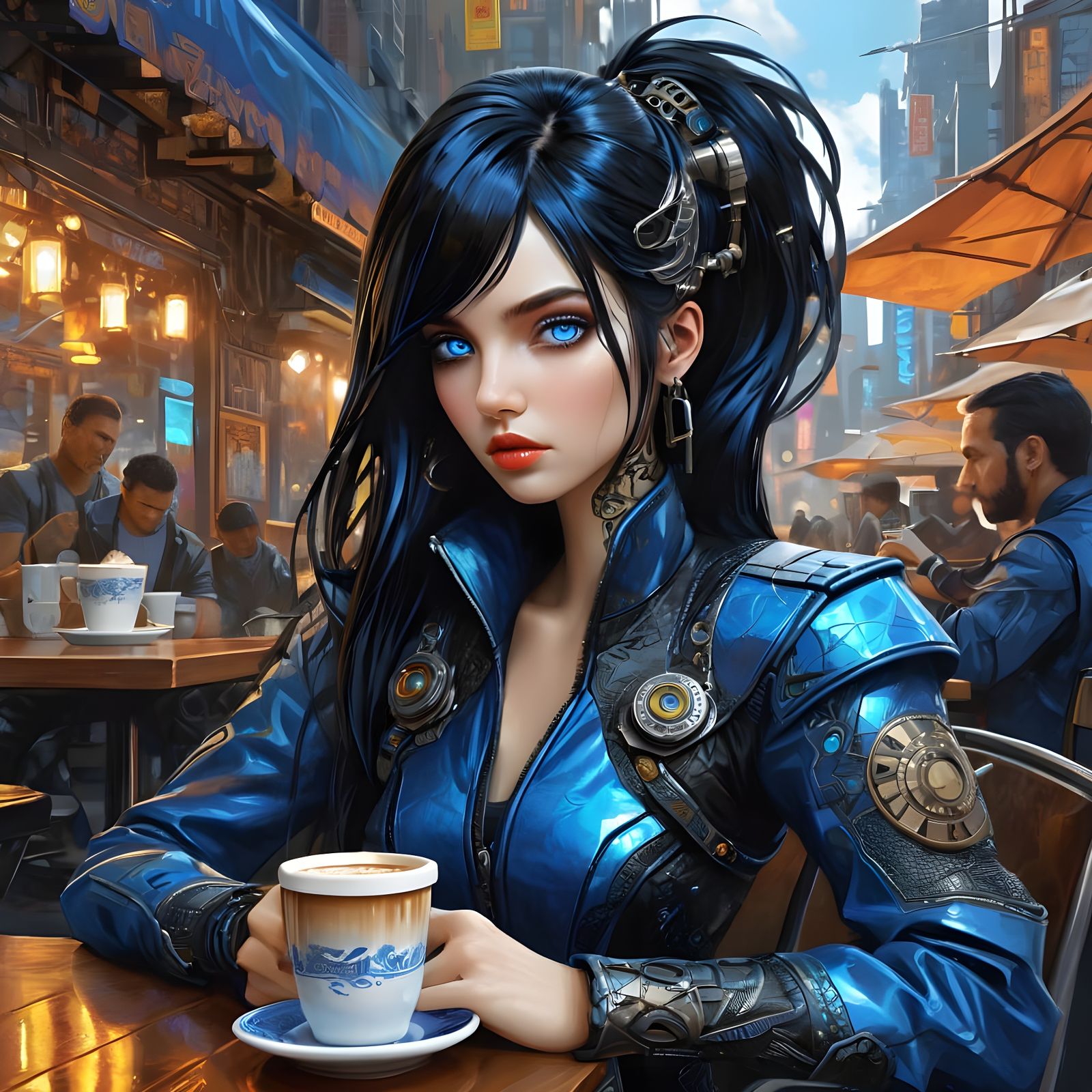 Cyberpunk Woman in Sapphire Blue Leather at Street Cafe