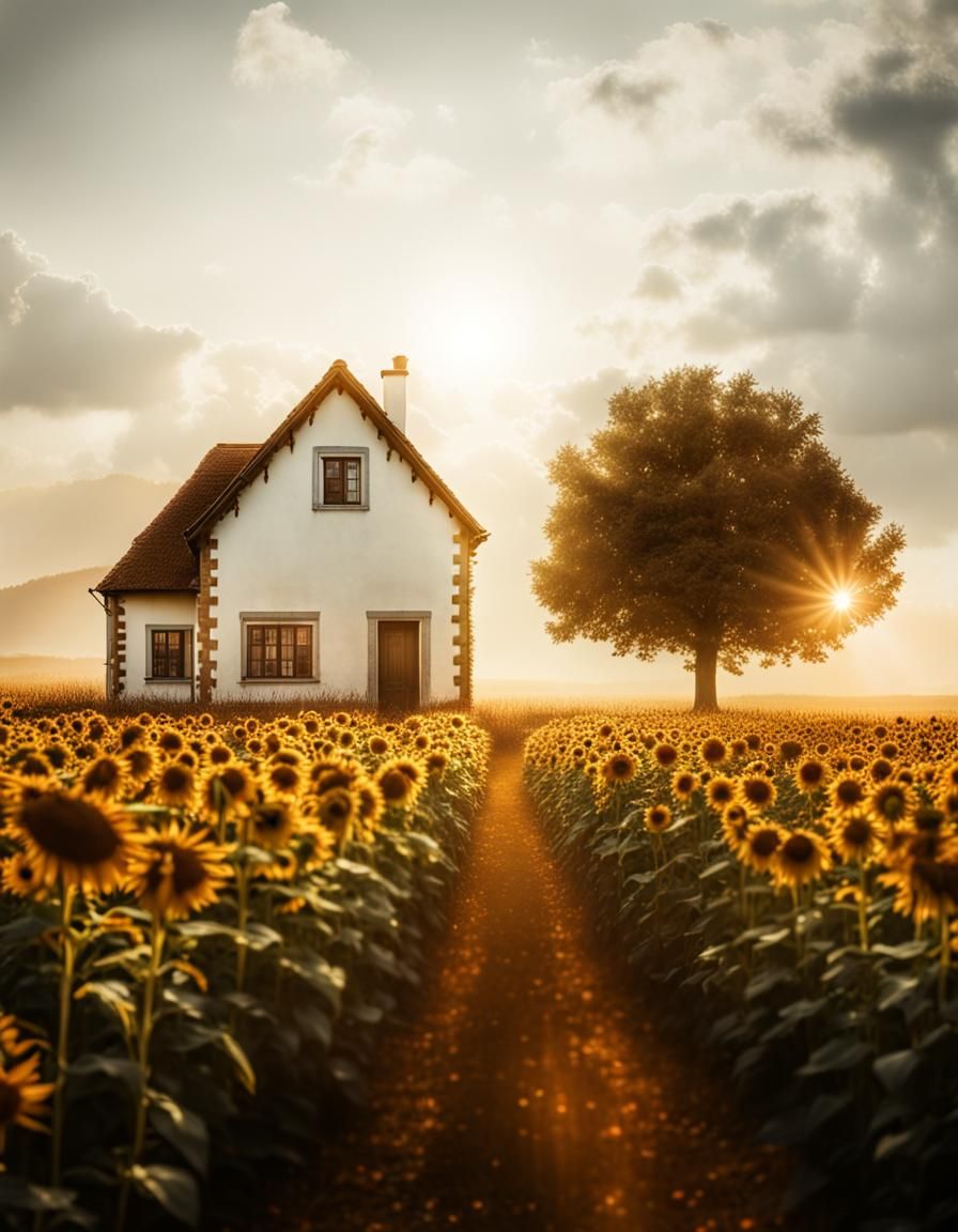 Ein einzeln stehendes Haus in einem Sonnenblumenfeld intrica...