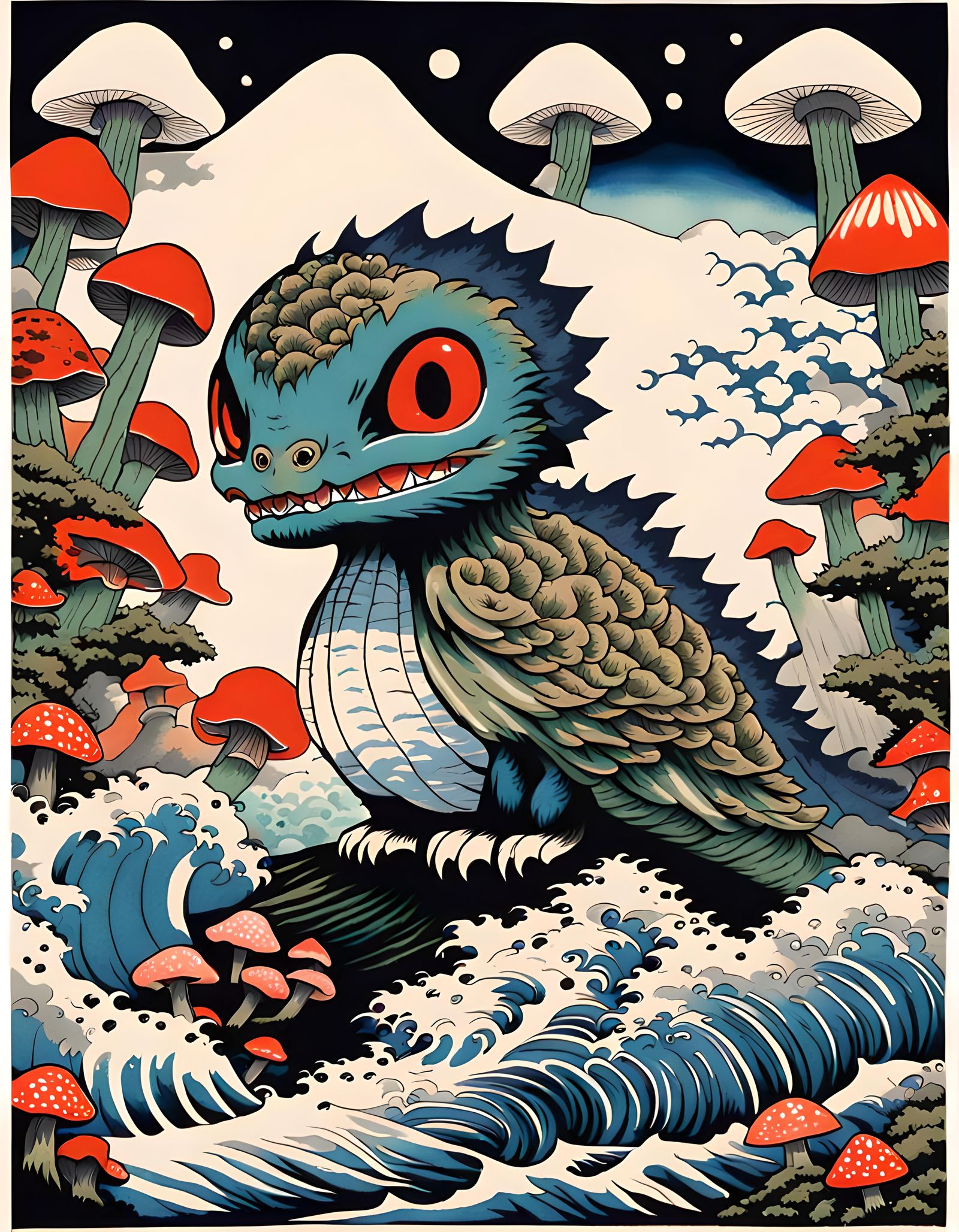 Surrealist Kawaii Rodan Ukiyo-E Print