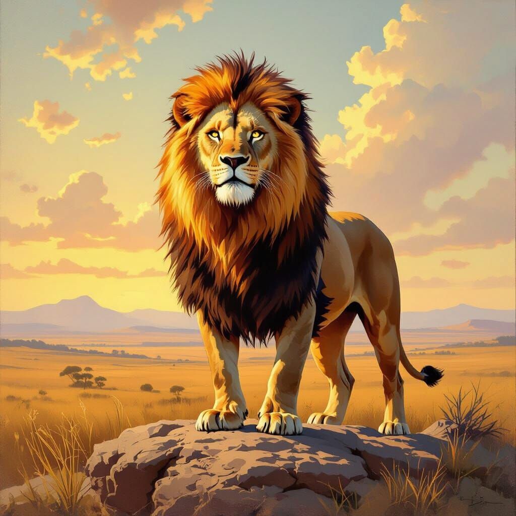 Majestic Lion with Fiery Mane in Oil Painting Style