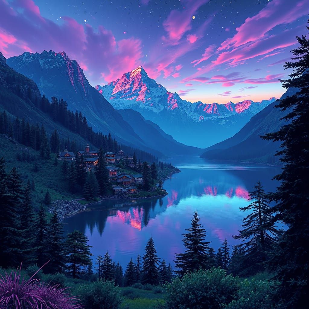 Landscape lake mountain village