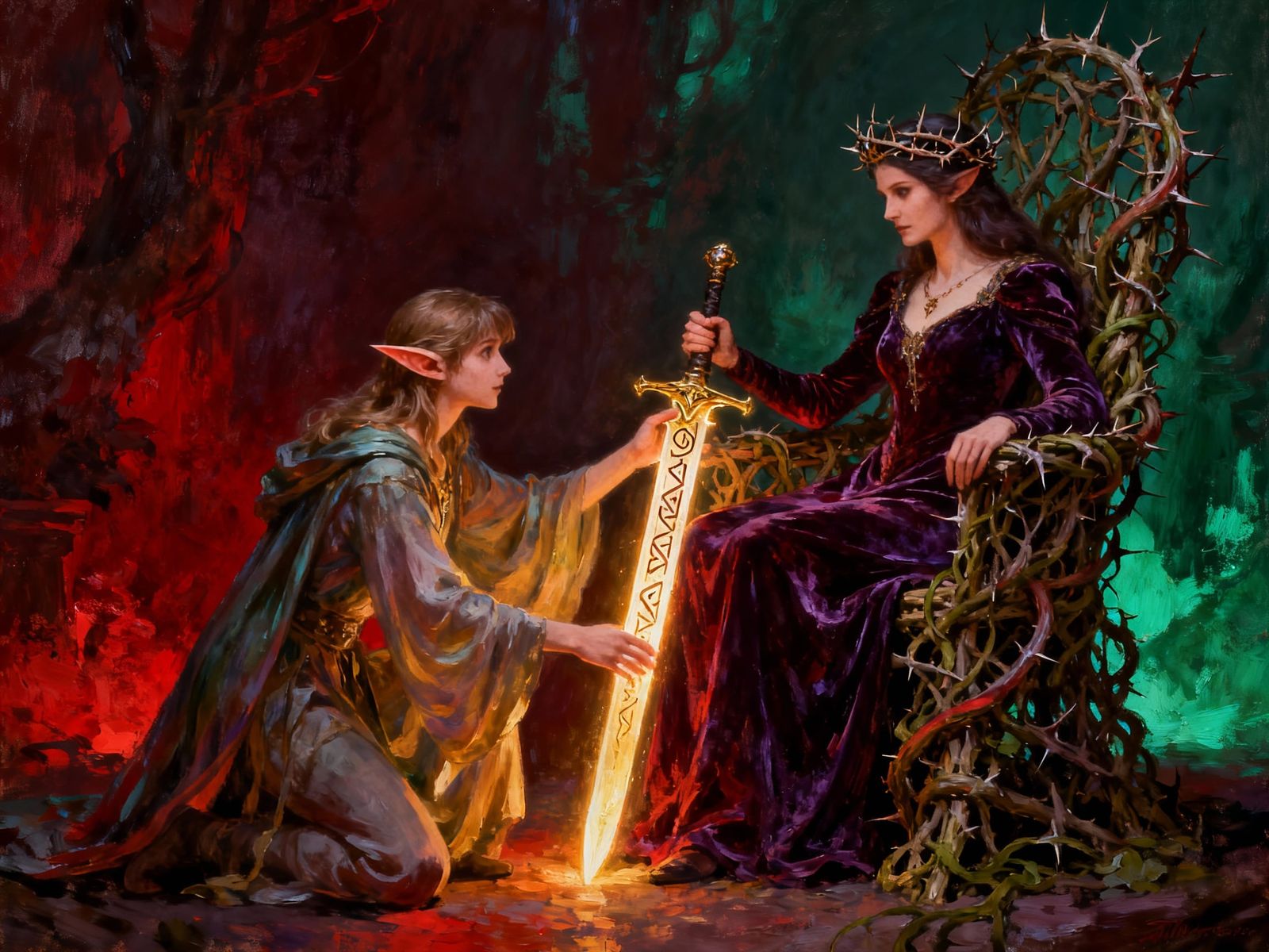 Elf Offers Magic Sword to Queen on Thorn Throne