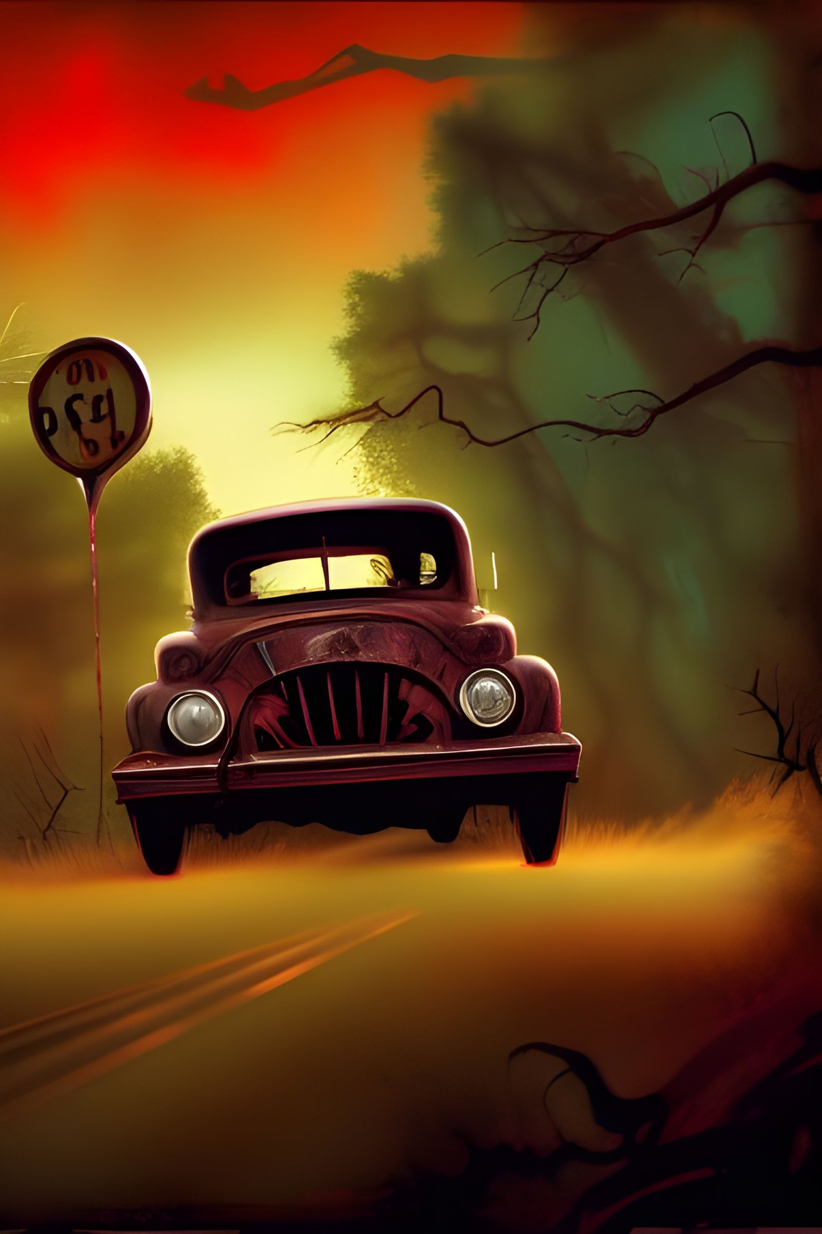 Haunted Road Trip in Photorealistic Comic Style