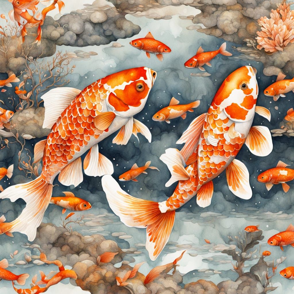 Vibrant Koi in an Epic Watercolour Wonderland