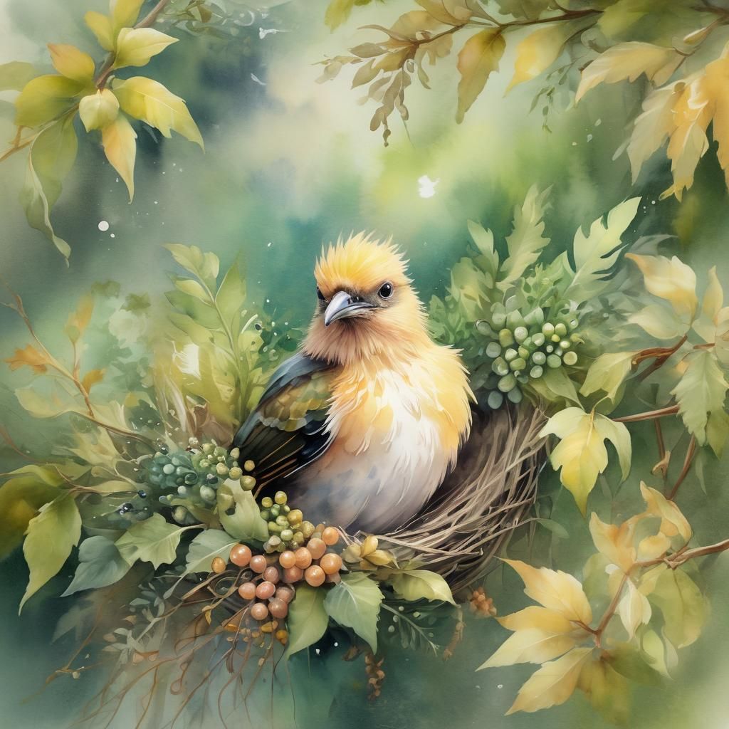 Watercolor Bird Soaring to Nest with Berries