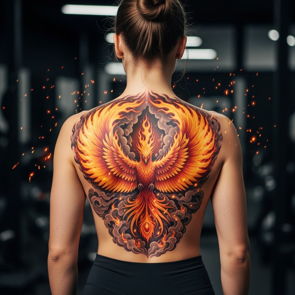 Phoenix Tattoo on Bare Back, Colorful Natural Style