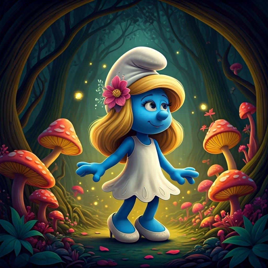 Smurfette in Mystical Forest, Neon Art Style