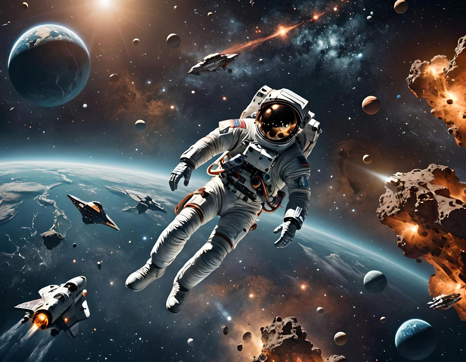Astronaut in Space with Spaceship: Digital Art