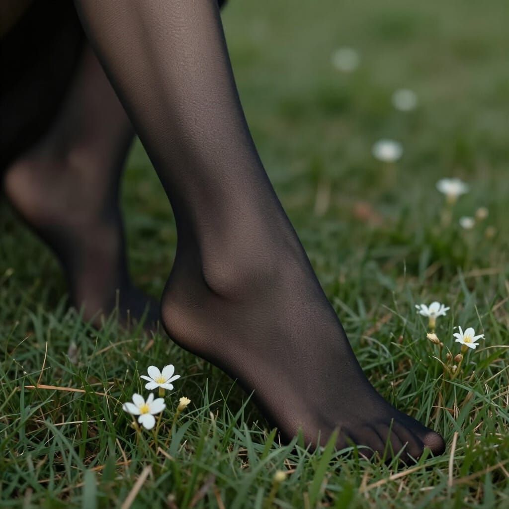 Sheer Black Pantyhose on Foot Gently Touching Grass