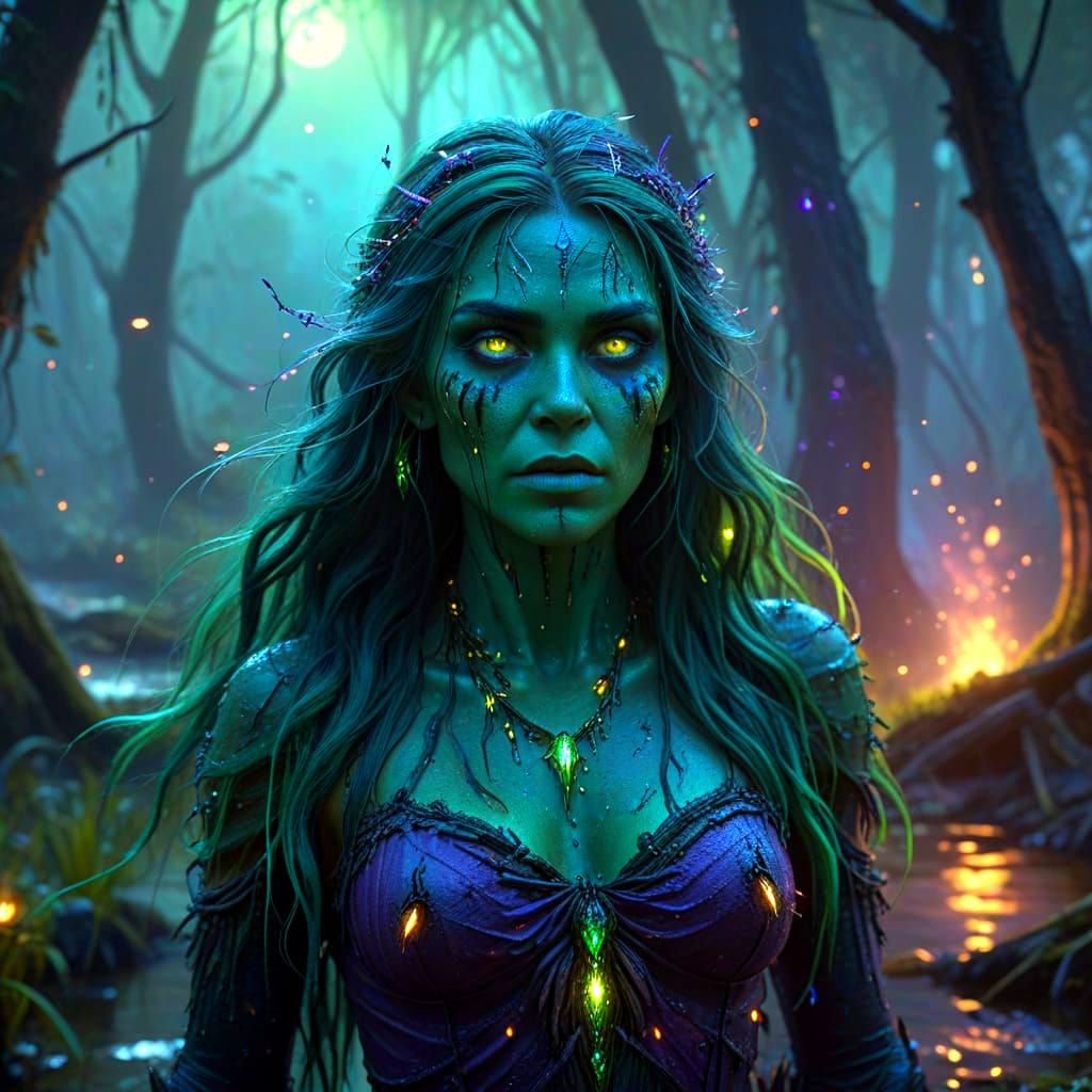 Swamp Witch Emerges in a Fantasy Landscape