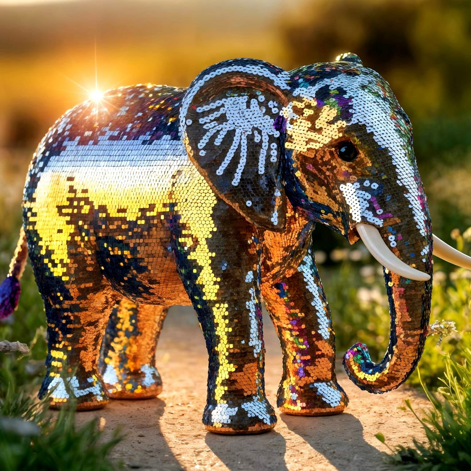 Glittering Sequin Elephant in a Sunlit Meadow