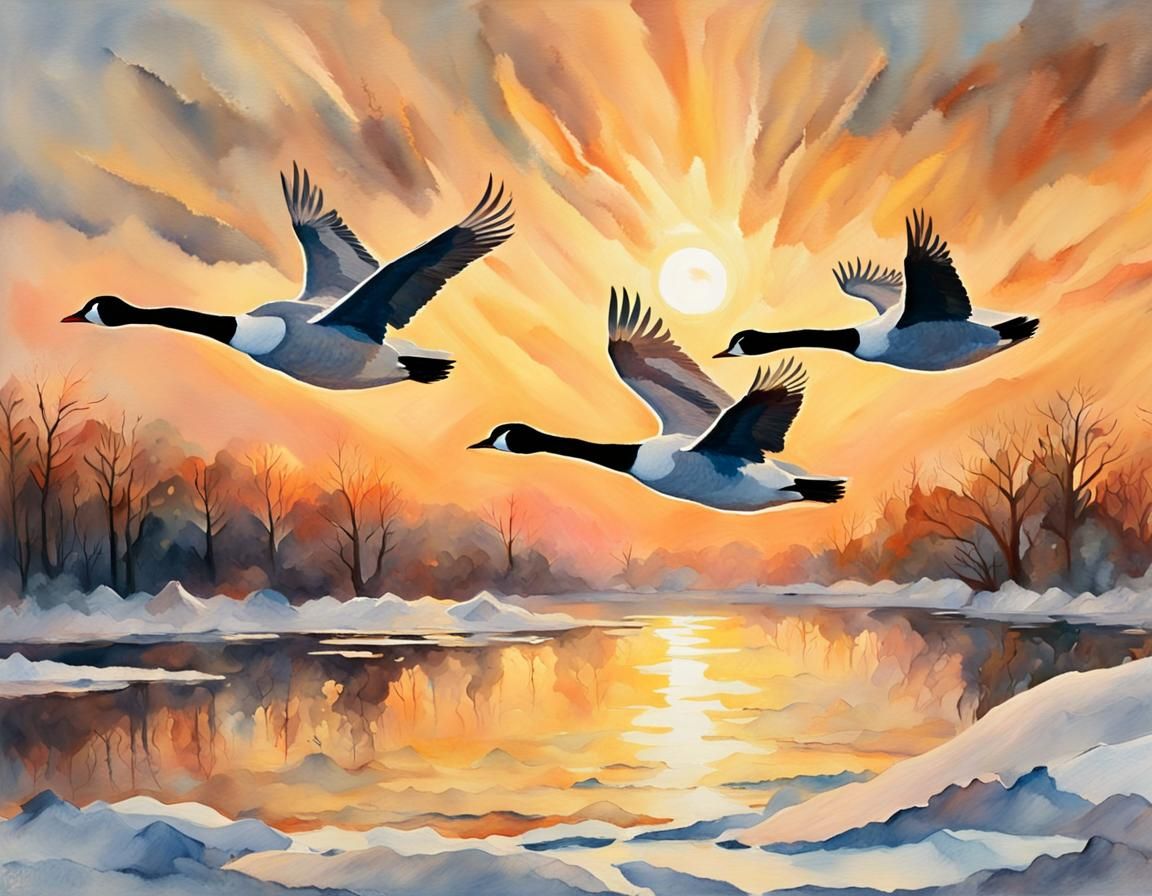 Geese Fly at Sunset: Impressionist Gouache Painting
