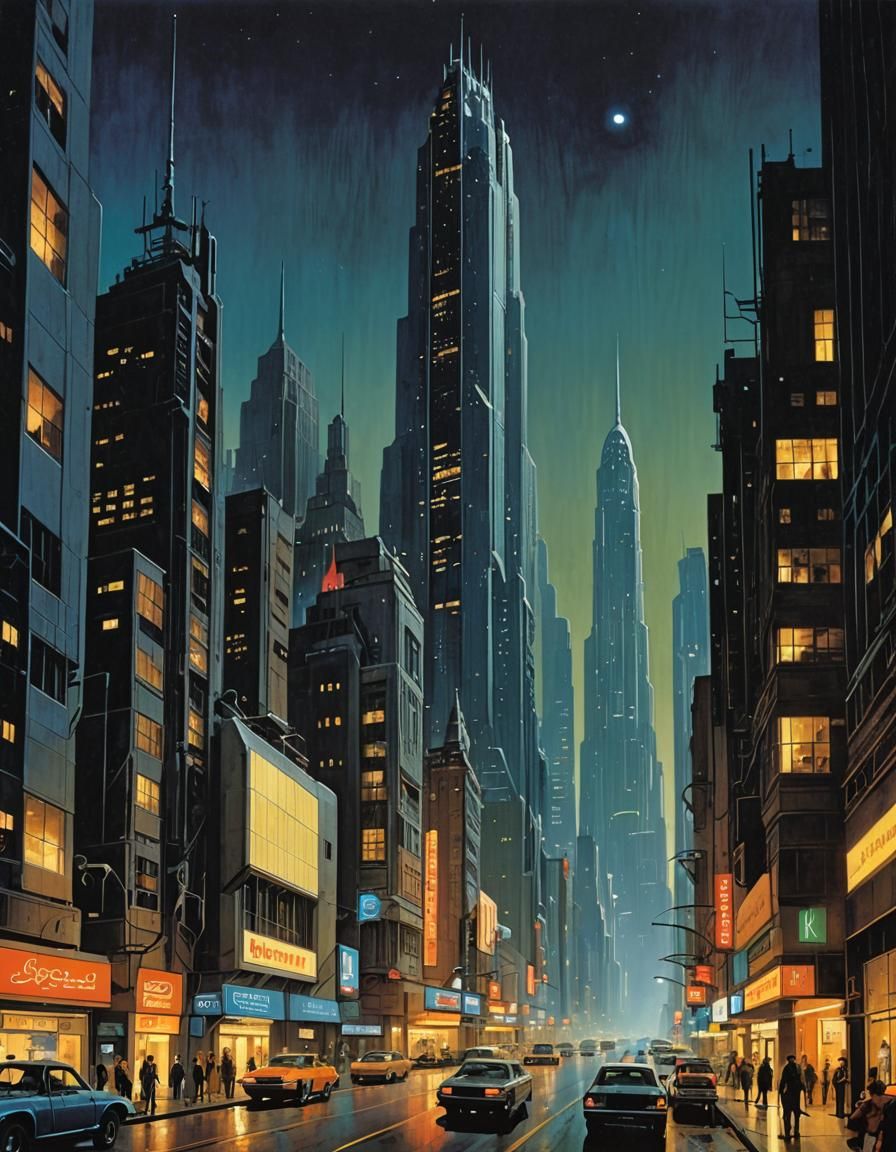 Futuristic Skyscraper Street View in 70s Sci-Fi Style