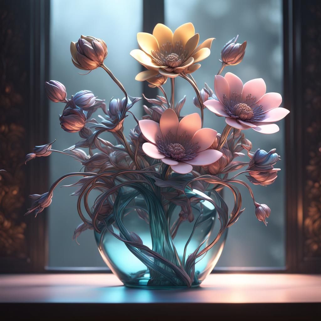 Pastel Metal Flowers in Glass Vase