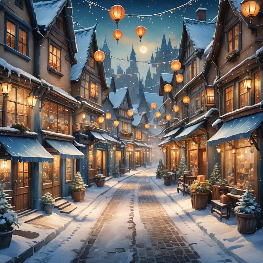Whimsical Winter Street Scene in Watercolor Style