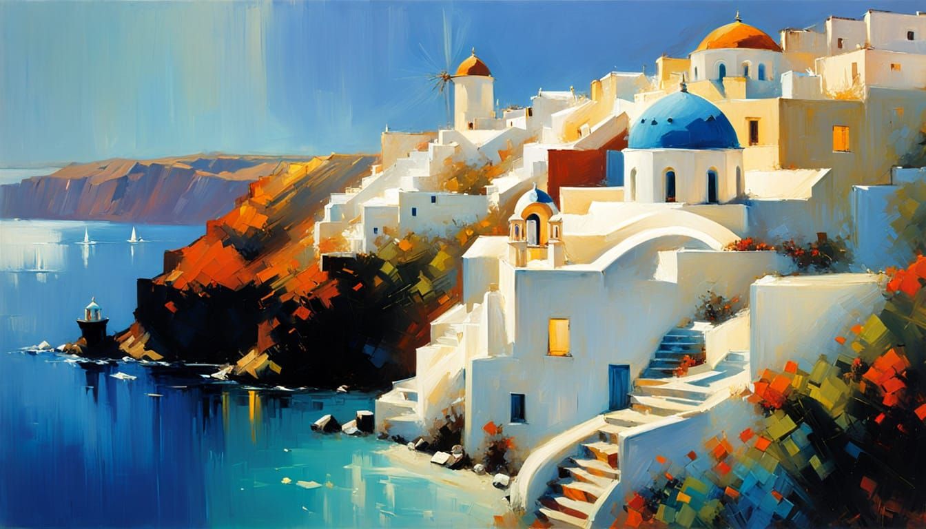 Santorini in Impressionistic Acrylic Spatulate Style