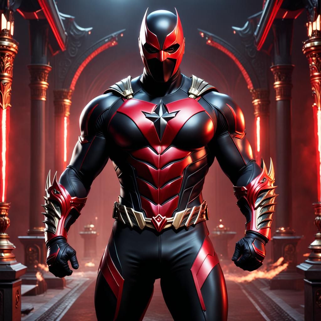 A handsome muscular man wearing a red and black tight suit (holding daggers:1.3) muscular frame, masked face, superhero ...