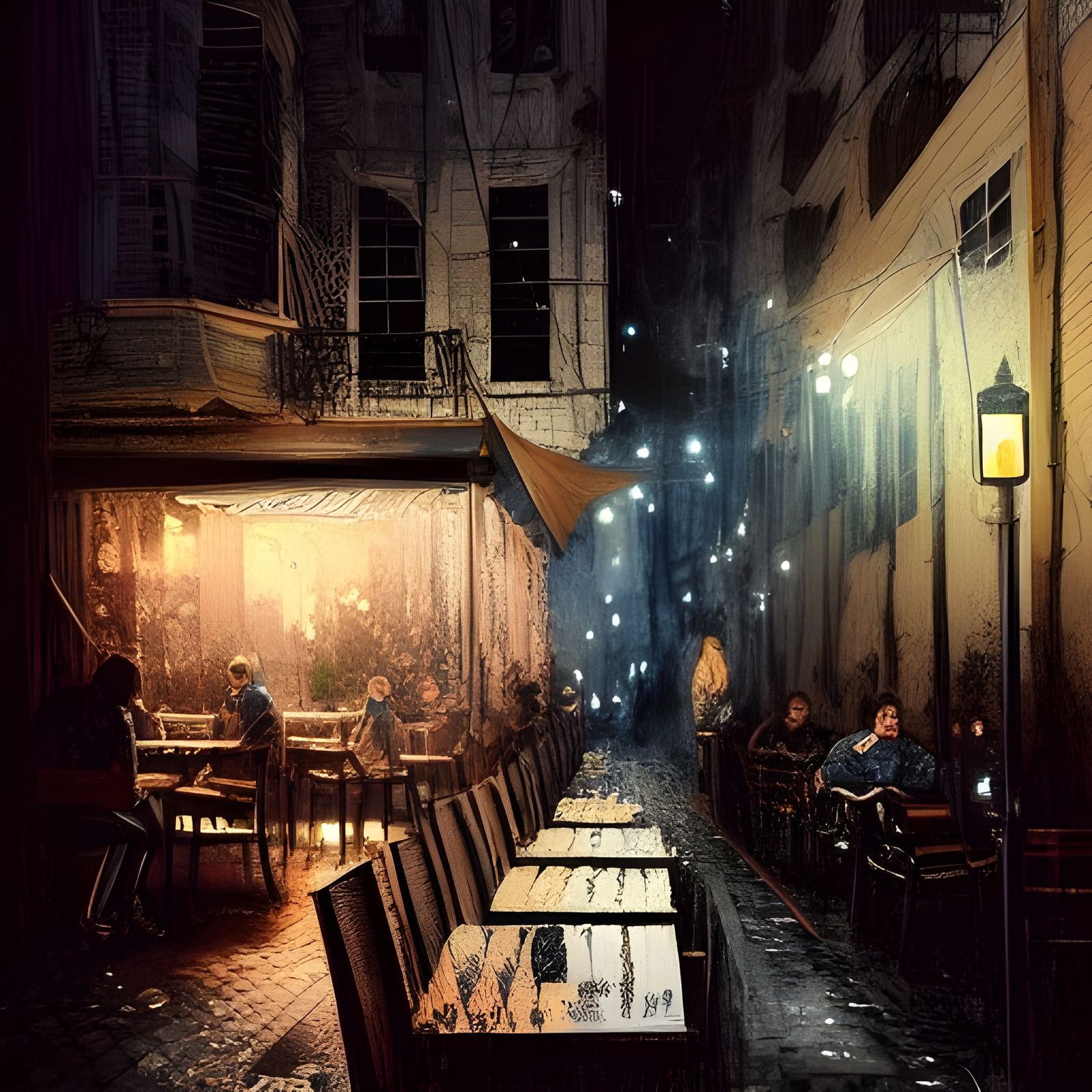 Hyperrealistic Night Cafe in Narrow Alleyway