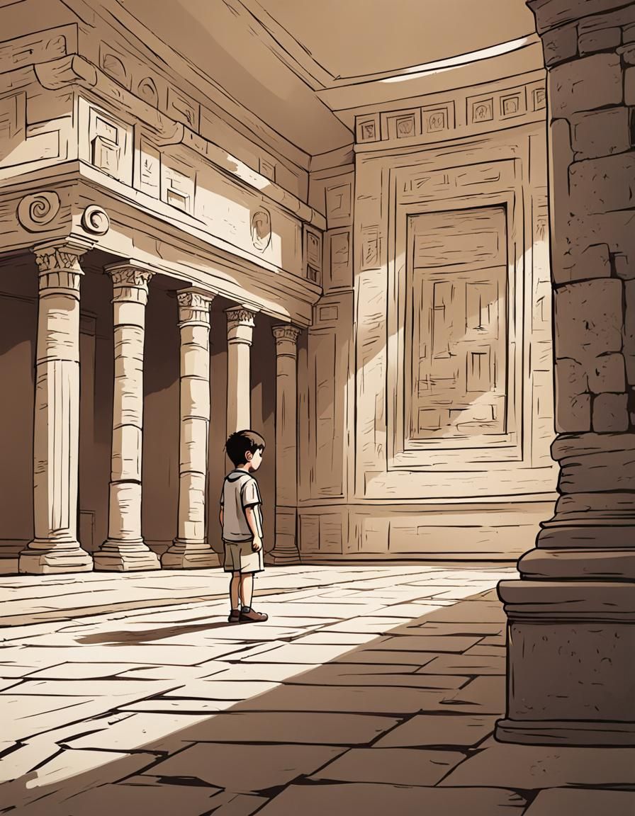 Child in Empty Roman Room, Cartoon Style