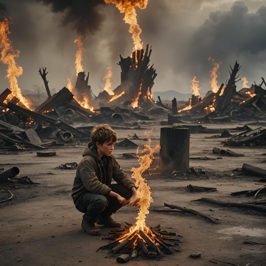 Boy in Fiery Post-Apocalyptic Landscape