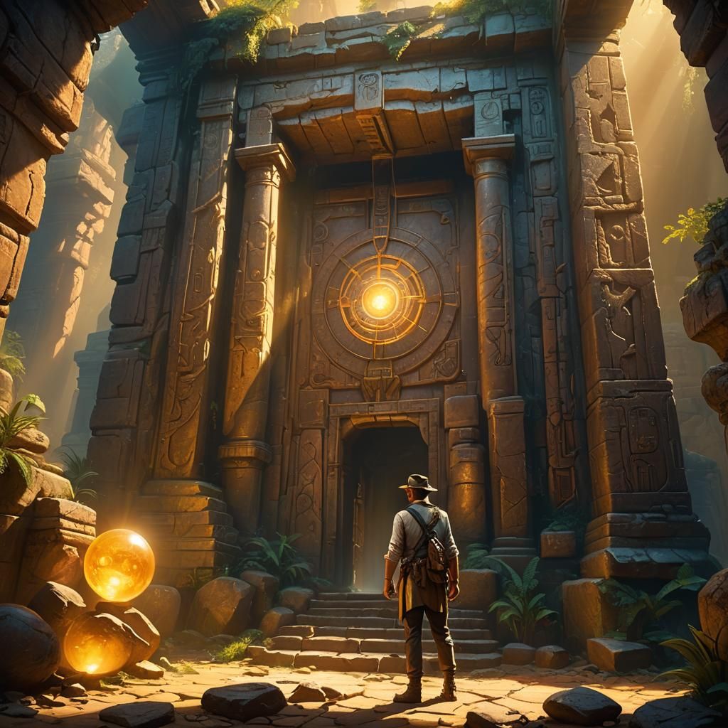 Adventurer Discovers Ancient Chamber in Fantasy Art